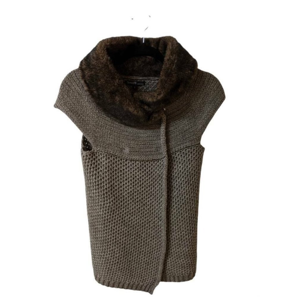 Berretti Womens Italian Sleeveless Cardigan Sweater Brown Faux Fur Collar Size S